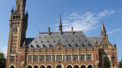 A clear, front-facing view of the Peace Palace in The Hague, showing its central facade, clock tower, arched colonnade, and neatly kept lawn under a blue sky.