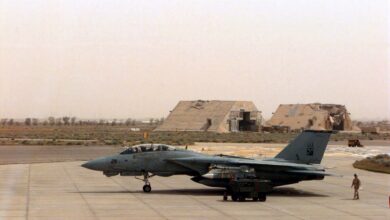 A U.S. Navy F-14 Tomcat parked on a concrete apron at a desert air base, with personnel and equipment nearby and hardened aircraft shelters in the background.