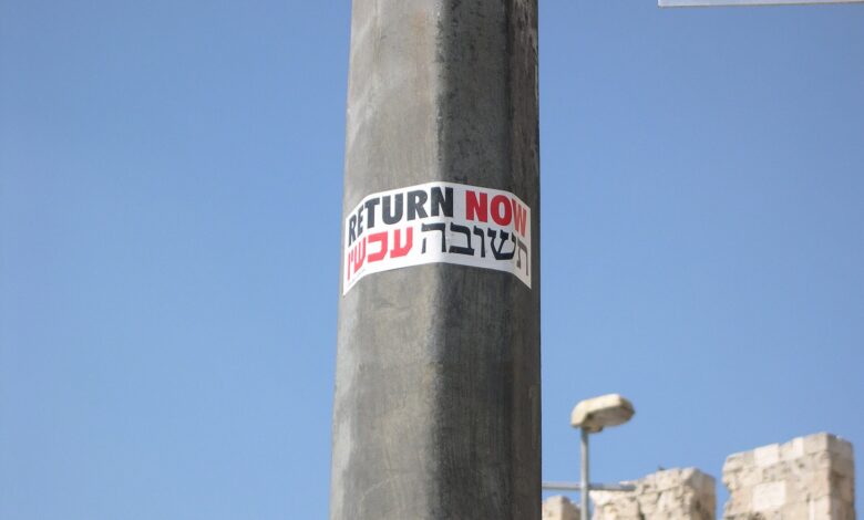 A close-up of a street pole bearing a sticker reading "RETURN NOW" in English and Hebrew, with part of Jerusalem’s Old City walls and blue sky in the background.
