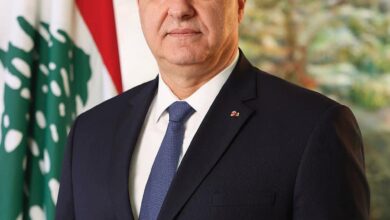A formal portrait of a suited man standing beside a Lebanese flag, with a soft-painted backdrop of trees and sky.