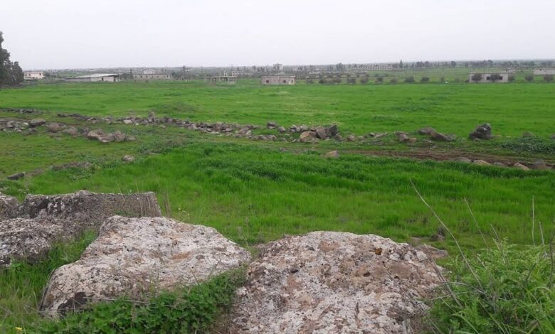 A broad green rural landscape in Daraa Governorate with scattered rocks in the foreground, grassy fields, and low buildings spread across the distance under an overcast sky.