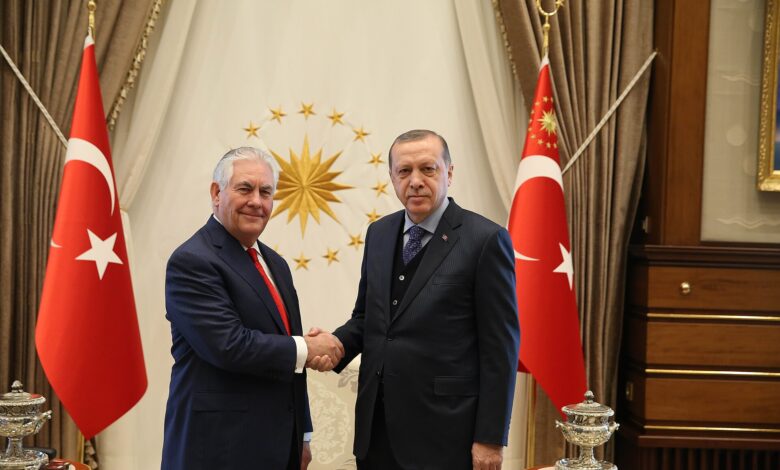 Two suited officials shake hands in an ornate room with the Turkish presidential emblem and flags behind them inside a grand office setting.