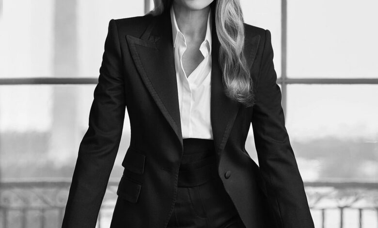 A black-and-white formal portrait of a woman in a dark tailored suit, standing with both hands on a reflective table in front of large window panes; a tall monument is faintly visible outside.