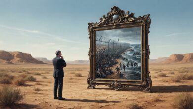 =مرآة ضخمة تقف في وسط صحراء قاحلة، تعكس مشهداً مزدحماً لحدود ساحلية مضطربة، بينما يراقبها شخص ببدلة رسمية من بعيد في مشهد يرمز لاستغلال الأزمات الخارجية سياسياً.
