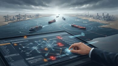 =صورة تعبيرية توضح استراتيجية الحصار المالي الهجين والأصول الرقمية وتتبع شبكات النفط.