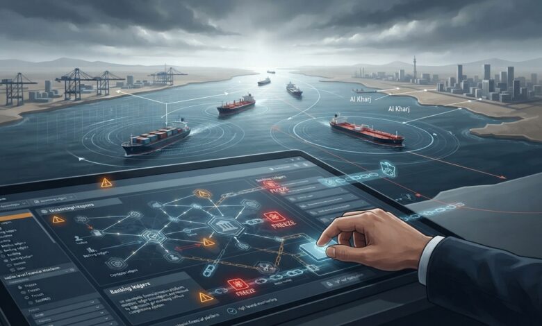 =صورة تعبيرية توضح استراتيجية الحصار المالي الهجين والأصول الرقمية وتتبع شبكات النفط.