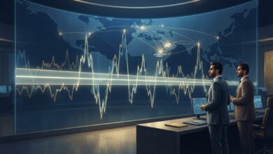 =صورة تعبيرية رقمية توضح استقرار حركة سهم أرامكو ضمن نطاق ضيق مقارنة بالتقلبات الحادة لشركات النفط العالمية.