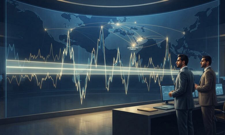 =صورة تعبيرية رقمية توضح استقرار حركة سهم أرامكو ضمن نطاق ضيق مقارنة بالتقلبات الحادة لشركات النفط العالمية.