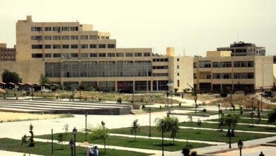 A wide view of the Aleppo University Faculty of Arts and Humanities complex with beige modernist buildings and landscaped grounds in the foreground under a bright sky.