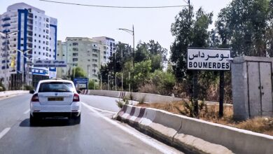 A roadway entering an urban area with mid-rise apartment buildings; a clear roadside sign reads “BOUMERDES” in Arabic and Latin script. Vehicles are driving on a divided road lined with trees and streetlights.