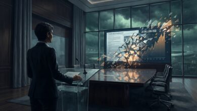 =رسم تحريري رقمي يصور رئيس الفيفا جياني إنفانتينو في قاعة اجتماعات بمقر الاتحاد في زيورخ وسط وثائق رقمية تتداعى تحت ضغط قاري.