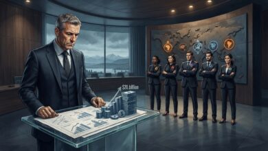 =رسم تحريري رقمي يظهر منصة اجتماعات كبرى ووثائق مالية تعكس أزمة مشروع خصخصة حقوق الفيفا.